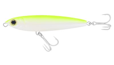 Yo-Zuri Hydro Pencil Floating - Pearl Chartreuse Lemon Back topwater fishing lure with a white body, chartreuse back, black and yellow eye detail, and two silver-colored treble hooks.