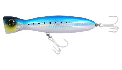 Yo-Zuri Mag Popper Floating Lure Sardine, side view of a lure with blue-colored top fading to silver-colored body with iridescent pattern and black dot markings, large eye, and two silver-colored treble hooks