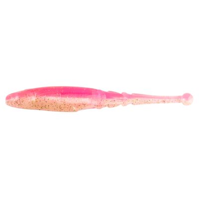 Z Man Big BallerZ Ball Tail Soft Baits in Laguna Shrimp color with a thick rounded body and a thin tail ending in a small ball tip in translucent pink with a lighter underside and gold speckles.