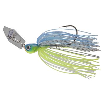 Z Man Chatterbait Elite EVO Bladed Jig in Citrus Shad color with a silver blade, blue and chartreuse head, and blue, chartreuse, and translucent skirt with black speckles.