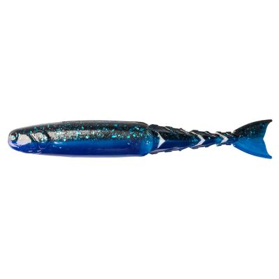 Z-Man ChatterShad Swimbait Trailers in Black Blue Laminate color with a soft plastic body in black and blue with blue glitter and a paddle tail.