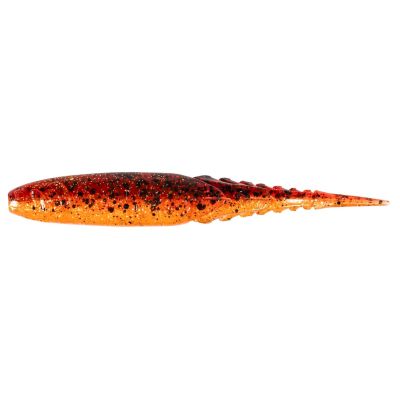 Z-Man ChatterSpike Trailer in Fire Craw is a soft plastic fishing lure with a deep red top and bright orange belly, accented by black flakes, featuring a segmented body and paddle tail for lifelike swimming action.