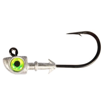 Z-Man DieZel Eye Jigheads in Chartreuse feature a silver jighead with a bright chartreuse eye and a black hook, designed with a bait keeper and line tie for secure soft plastic rigging.