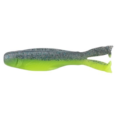Z-Man DieZel KickerZ Soft Plastic Bait in Sexy Mullet features a gray back with blue glitter fading into a bright chartreuse belly, finished with a split paddle tail for a vivid, baitfish-like swimming action.