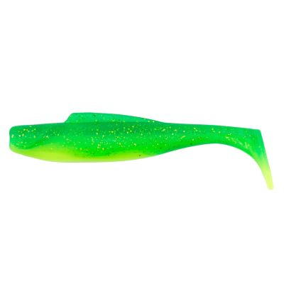 Z-Man DieZel MinnowZ Soft Plastic Baits in Sexy Mackerel feature a bright green body fading into a chartreuse belly with gold glitter accents, finished with a paddle tail for a vivid, baitfish-like swimming action.