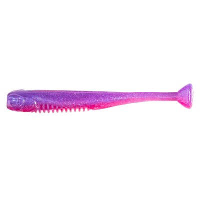 The Z-Man Drop KickerZ Soft Plastic Bait in Twilight features a vibrant purple and pink gradient body with fine glitter, a ribbed midsection, and a small paddle tail that produces a subtle, lifelike swimming action.