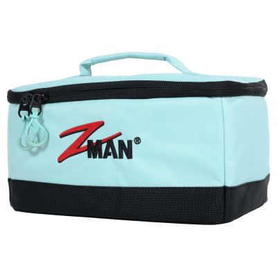 Z-Man ElaZtech Bait LockerZ storage bags shown closed and open, featuring divided compartments for bait packages and clear organizer pockets inside the lid. Baits and hooks shown are not included.