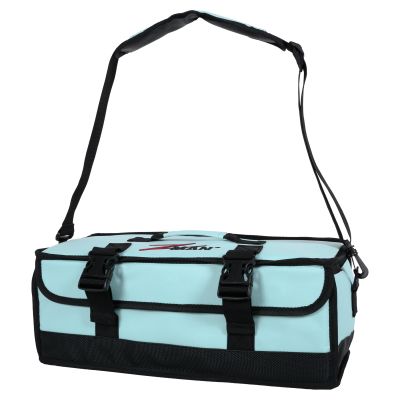 Z-Man ElaZtech Bait LockerZ soft-sided light blue bait storage bag with a padded shoulder strap, top carry handle, dual front buckle closures, black trim, and a rectangular insulated design.