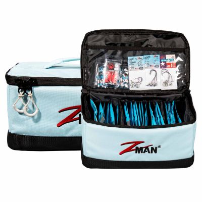 Z-Man ElaZtech Bait LockerZ storage bags shown closed and open, featuring divided compartments for bait packages and clear organizer pockets inside the lid. Baits and hooks shown are not included.