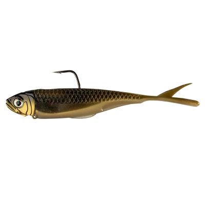 The Z-Man Graph ShadZ Pre-Rigged Soft Bait in Ayu features a lifelike baitfish profile with a dark olive back, metallic gold sides, a pale belly, realistic scale texture, a detailed eye, and a forked tail paired with a top-mounted hook.