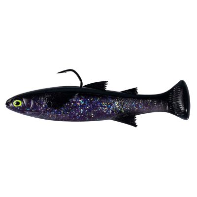 Z-Man Mulletron LT Line-Through Swimbait in Midnight Express features a dark body with blue and purple flake, bright chartreuse eye, and paddle tail designed to mimic baitfish with lifelike swimming action and line-through rigging.