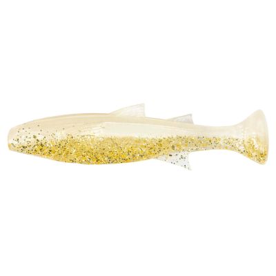 Z-Man Mulletron Soft Plastic Swimbaits in Beer Run features a translucent body with gold flake throughout, molded fins, and a paddle tail that creates a realistic baitfish swimming action.