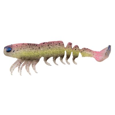 Z-Man PrawnStarZ LB Unrigged Shrimp Bait in Laguna Shrimp features a translucent body blending pink and olive with gold flake, black speckling, detailed legs, and a segmented shrimp profile for realistic underwater action.