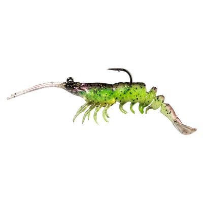 Z-Man PrawnStarZ Shrimp Bait in Purple Death features a translucent green body with purple highlights and black speckles, detailed legs and antennae, and a lifelike segmented shrimp profile with a curled tail for realistic movement.