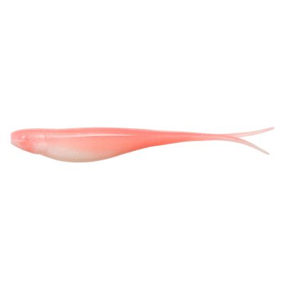 Z-Man Scented Jerk ShadZ Soft Jerkbaits in Coconut Ice Glow feature a translucent pink body with a pale white belly, smooth baitfish shape, and a forked tail designed for lifelike movement.