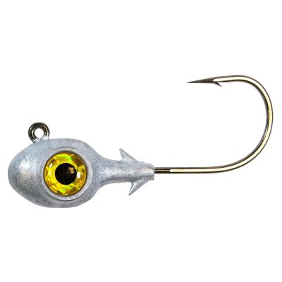 Z-Man Striper Eye Jighead in Gold color with a silver fish-head shaped weighted head, gold eye detail, bait keeper, and single fishing hook.