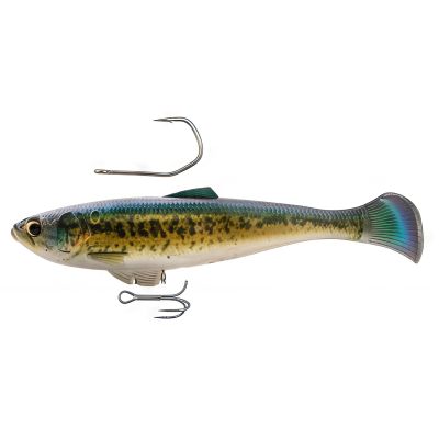 Z-Man Swag LT Line-Through Swimbait in Baby Bass features a lifelike baitfish profile with a green back, mottled bass pattern along the sides, and a pale belly, paired with a paddle tail and included line-through hook and treble hook components.