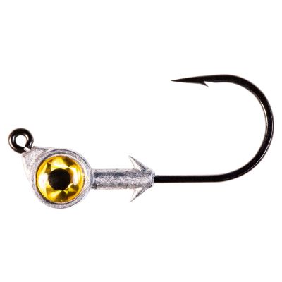 Z-Man Swimbait Eye Jighead in Gold color with a silver weighted head, gold eye detail, bait keeper, and single fishing hook.
