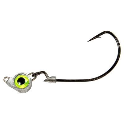 Z-Man Texas Eye Jighead in Chartreuse shown with a silver jighead featuring a bright chartreuse eye and a single black hook with a wide gap and pointed tip.