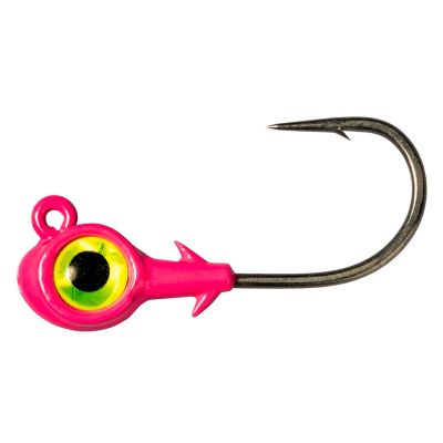 Z-Man Trout Eye X Jighead in Pink/Chartreuse color, featuring a bright pink jighead with a vivid chartreuse eye detail, paired with a strong curved metal hook and a forward-facing line tie for secure and effective rigging.