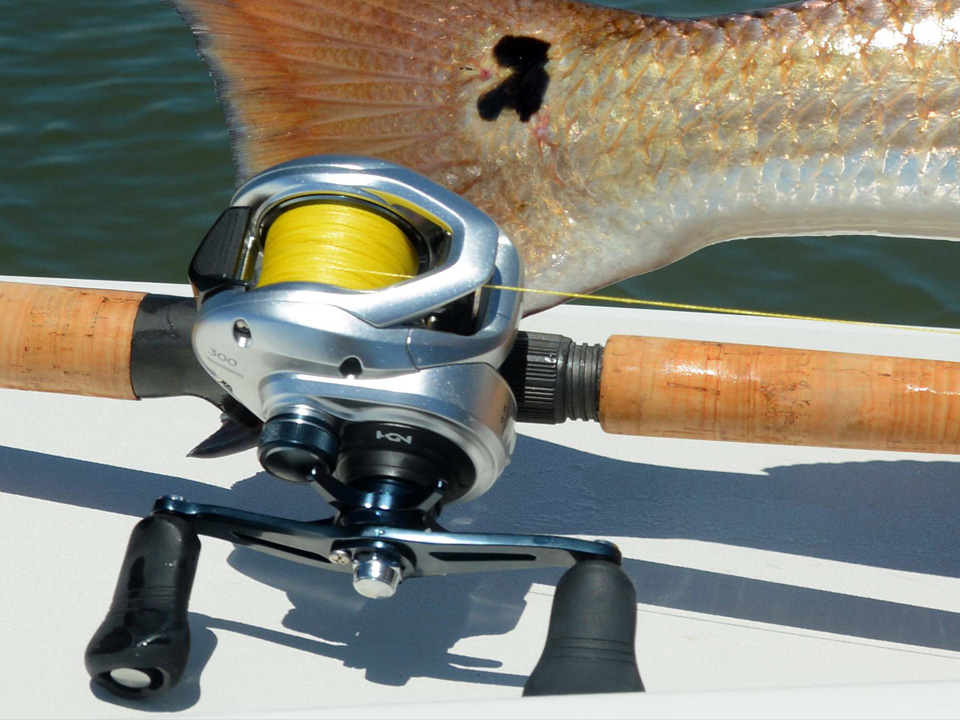 The silver color Shimano Tranx Baitcasting Reel is attached to a Shimano Casting Rod with a cork handle. It is spooled with yellow line. The reel handle is black. There is a fish tail in the background.