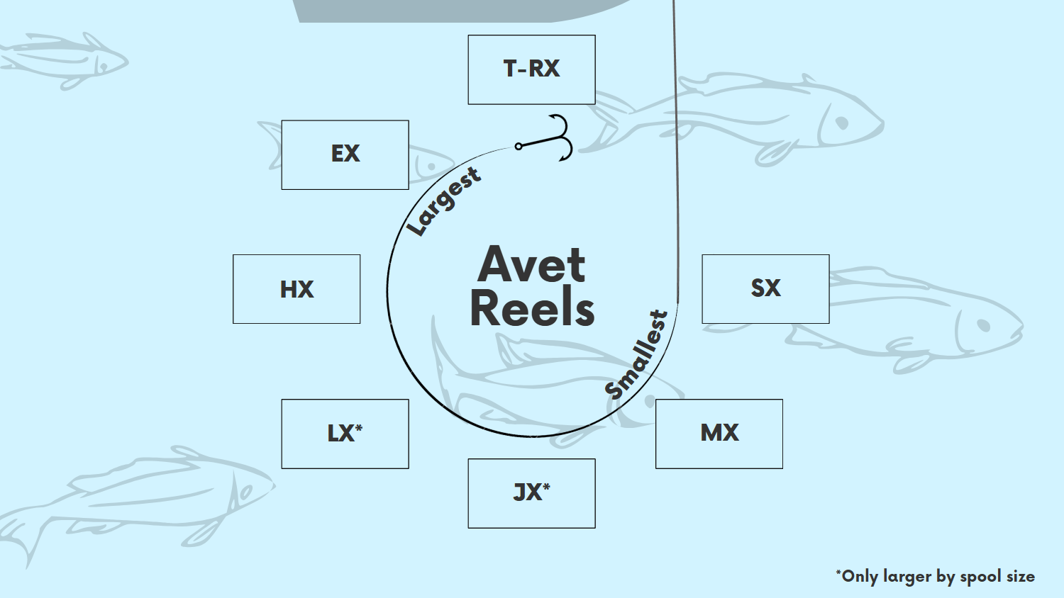 Infographic showing a fishing line with hook on the end with various text in boxes on a blue background with outlines of fish. Please view image caption for a more descriptive description.