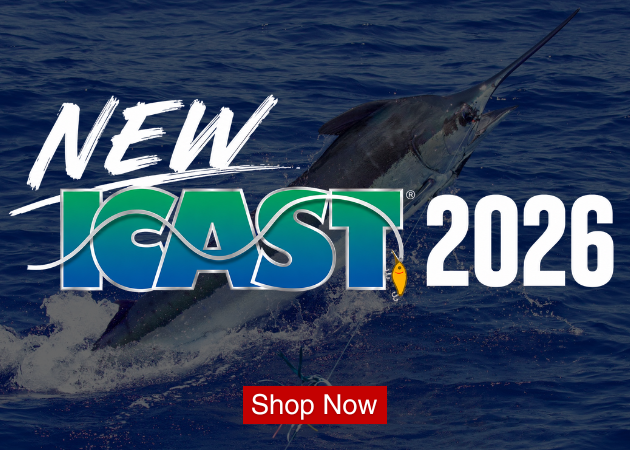 New ICAST 2026 promotional banner featuring a marlin jumping from the ocean with a 'Shop Now' button.