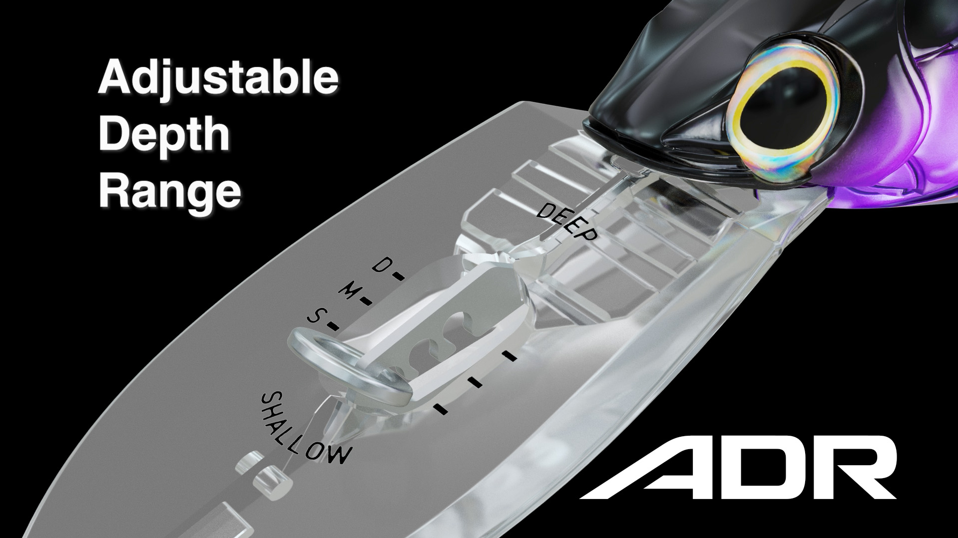 Shimano Ledge Runner Adjustable Depth Range Diagram showing clear lure bib with depth range options from deep to shallow.