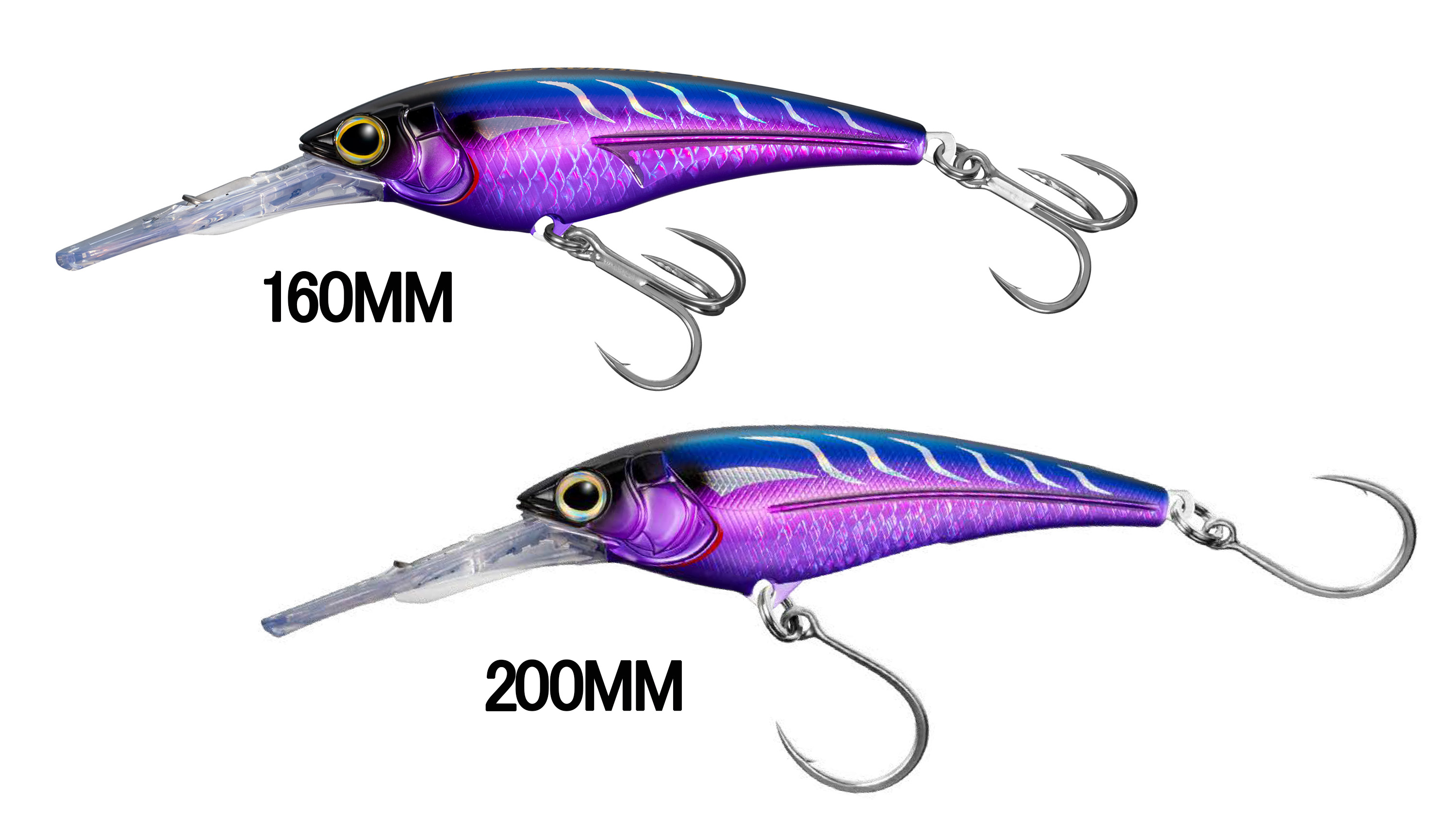 The Shimano Ledge Runners Lures in both 160mm and 200mm in Amethyst color, both containing purple and blue bodies with clear bibs. The 160mm lure has two treble hooks while the 200mm features two single hooks.