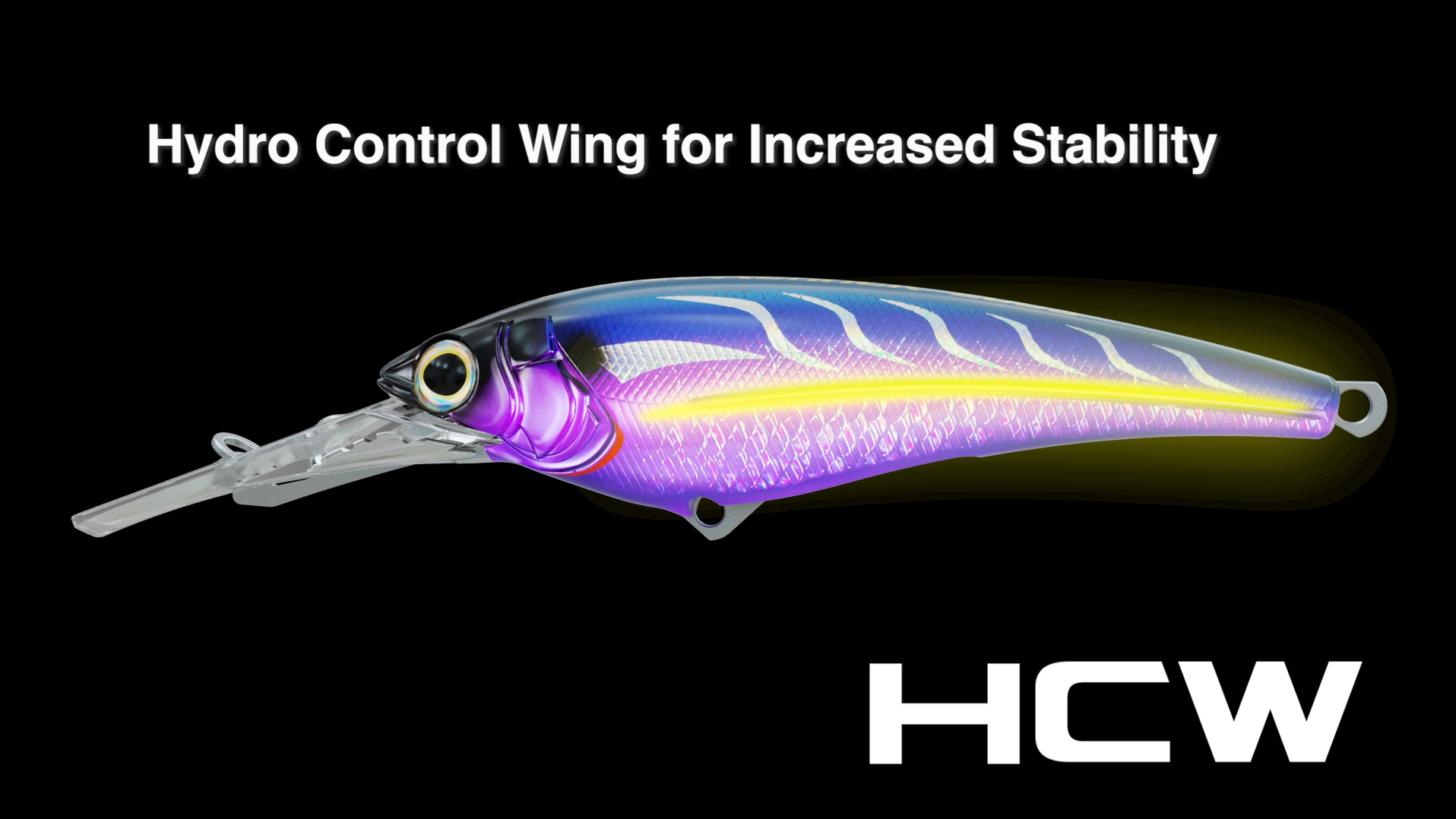 Shimano Ledge Runner Hydro Control Wing for increased stability diagram showing side portrait of blue and purple lure with side wing highlighted in yellow.