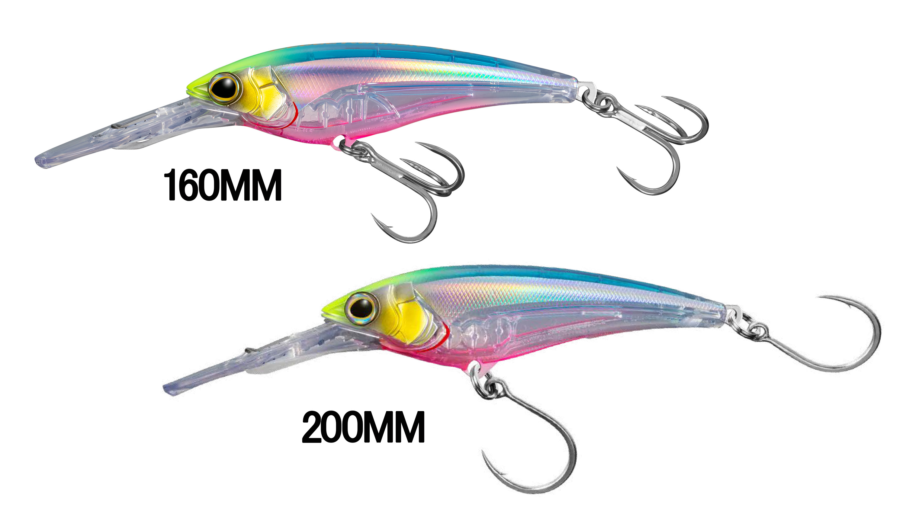 The Shimano Ledge Runners Lures in both 160mm and 200mm in lightshow, both containing clear bibs. The 160mm lure has two treble hooks while the 200mm features two single hooks.