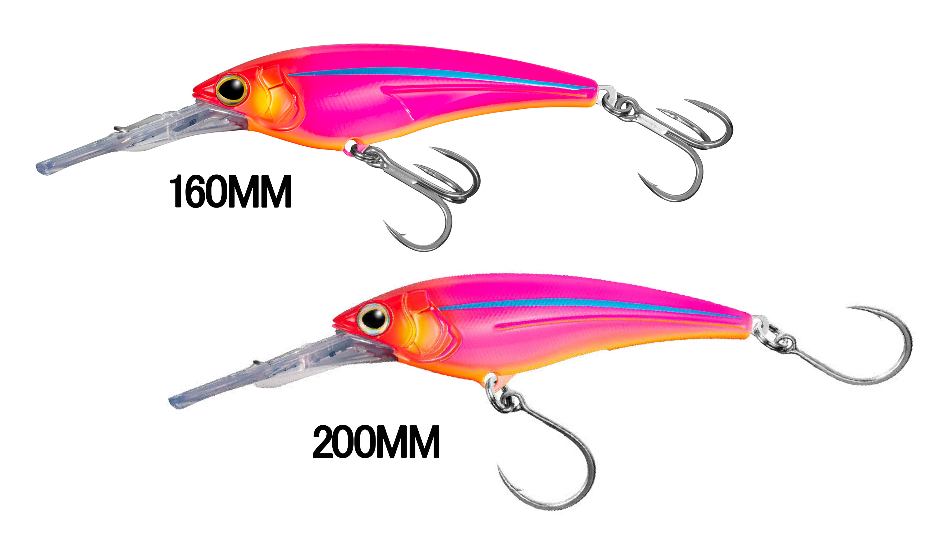 The Shimano Ledge Runners Lures in both 160mm and 200mm in Mai Tai color, both containing pink and red bodies with clear bibs. The 160mm lure has two treble hooks while the 200mm features two single hooks.