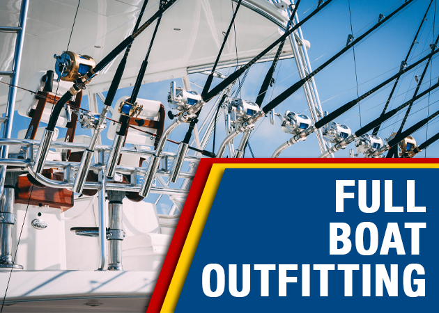 Full boat outfitting. Image shows several rod and reels on rod holders attached to a boat.