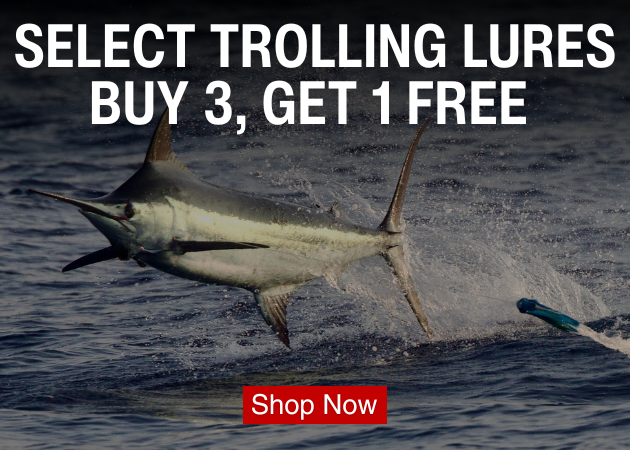 Select Trolling Lures Buy 3, Get 1 Free Shop Now banner featuring a marlin leaping from the ocean near a blue trolling lure.