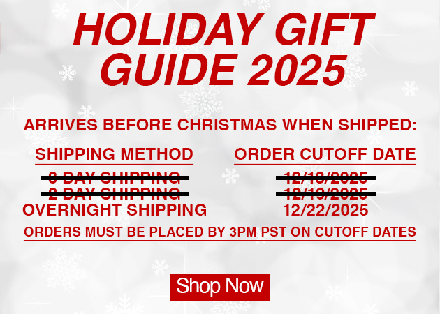 Holiday Gift Guide 2025. Arrives before Christmas when shipped: Overnight Shipping 12/22/2025. Orders must be placed by 3PM PST on cutoff dates. Shop Now button. Background shows light gray with white snowflakes.