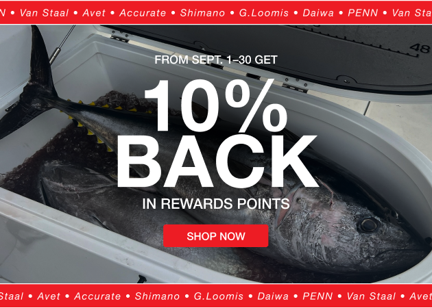Large tuna in a cooler with a 10% back in rewards points promotion from Sept. 1&ndash;30, fishing brand names, and a Shop Now button.