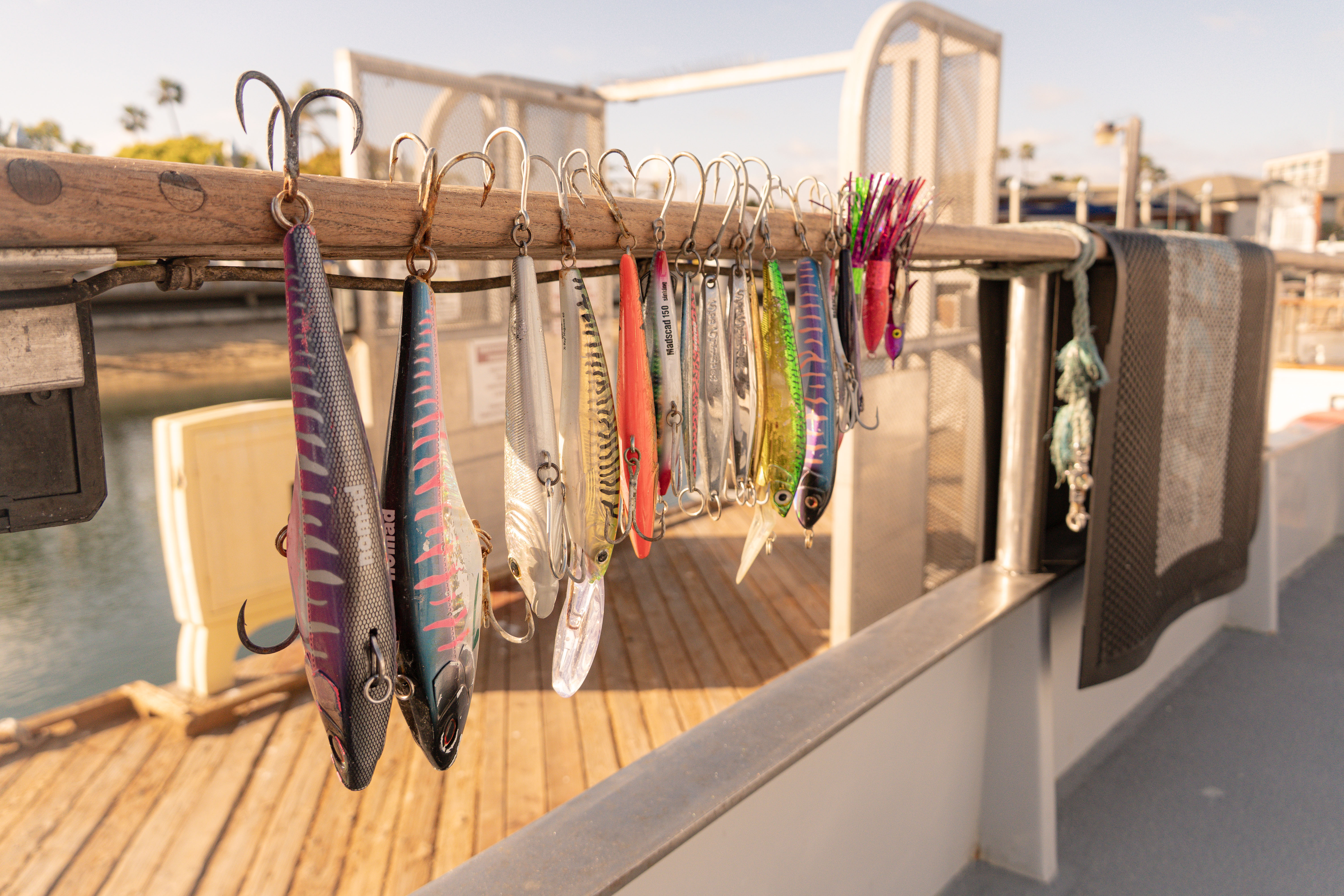 Row of colorful fishing lures with metal hooks hanging from a rail on a boat, including long-bodied plugs, shiny jigs, and skirted trolling lures in pink, silver, green, and blue patterns, organized in sunlight near the dock.