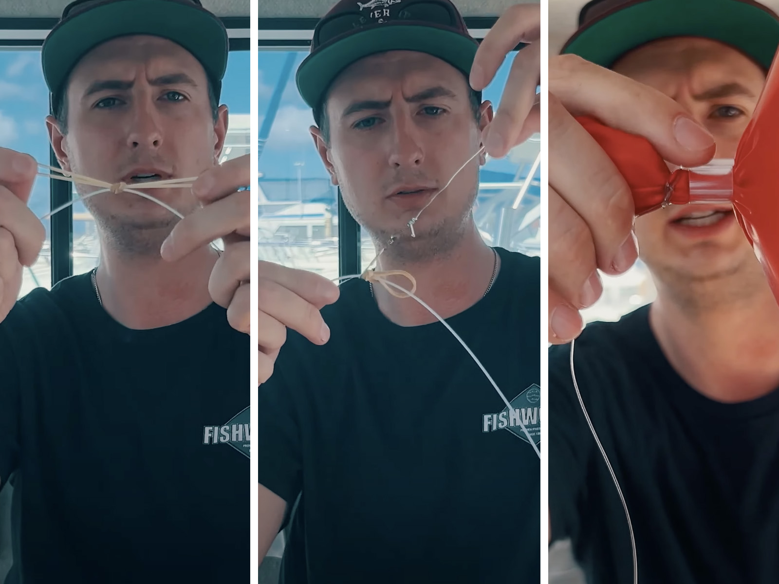 Nick DeRuyck setting up a balloon rig. Left image : tying a rubber band into a knot on the white monofilament line. Middle image : Connecting a swivel to the line. Right image : Attaching a red balloon to the swivel