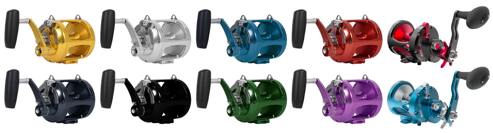 AVET Reels display: Eight lever drag reels in Gold, Silver, Blue, Red, Gunmetal, Black, Green, and Purple. Two star drag reels, Black frame with red spool and Blue frame with silver spool. All shown on a white background.