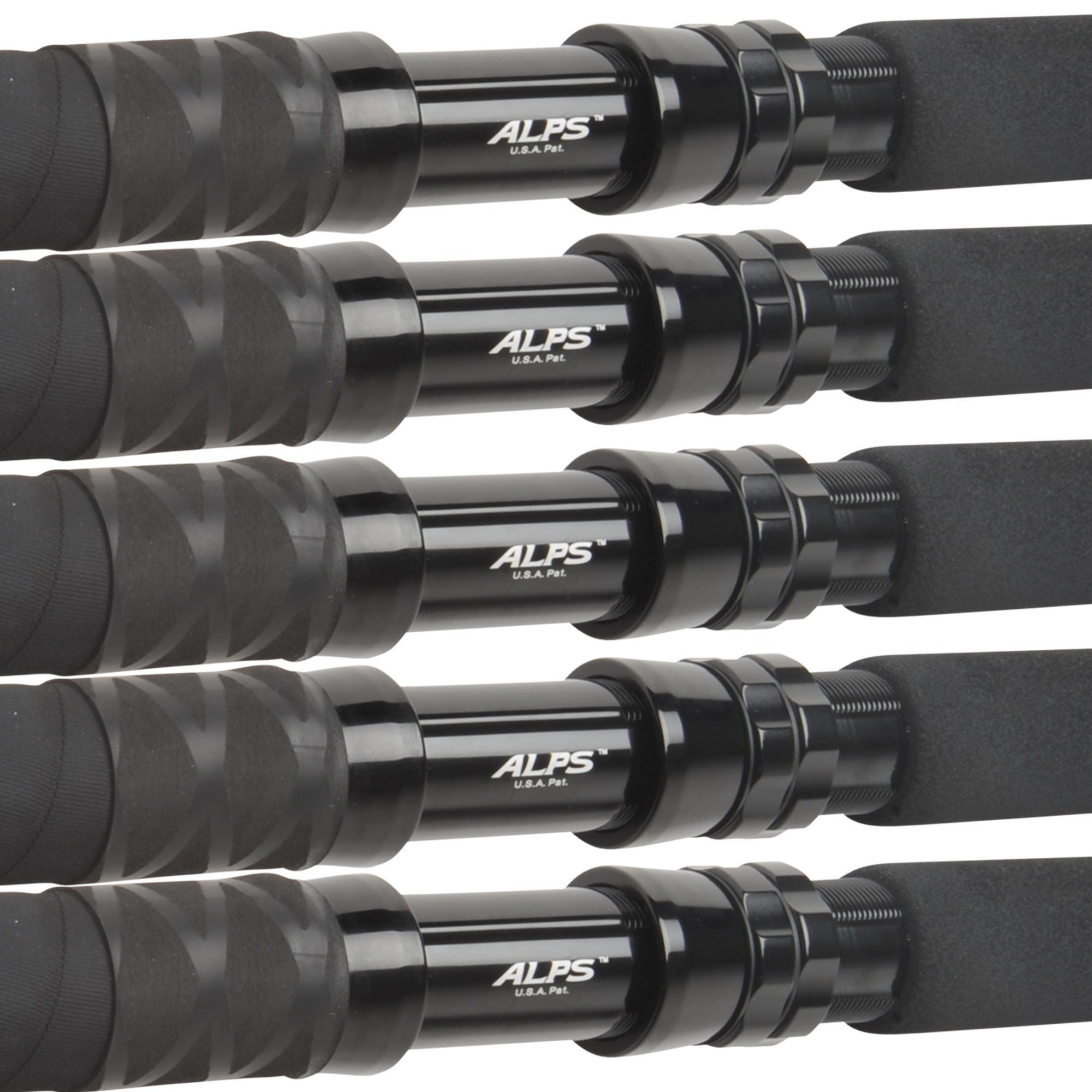 Close-up of black ALPS reel seats with textured EVA grips, aligned in a row on custom fishing rods, showing the &ldquo;U.S.A. Pat.&rdquo; branding on a white background.