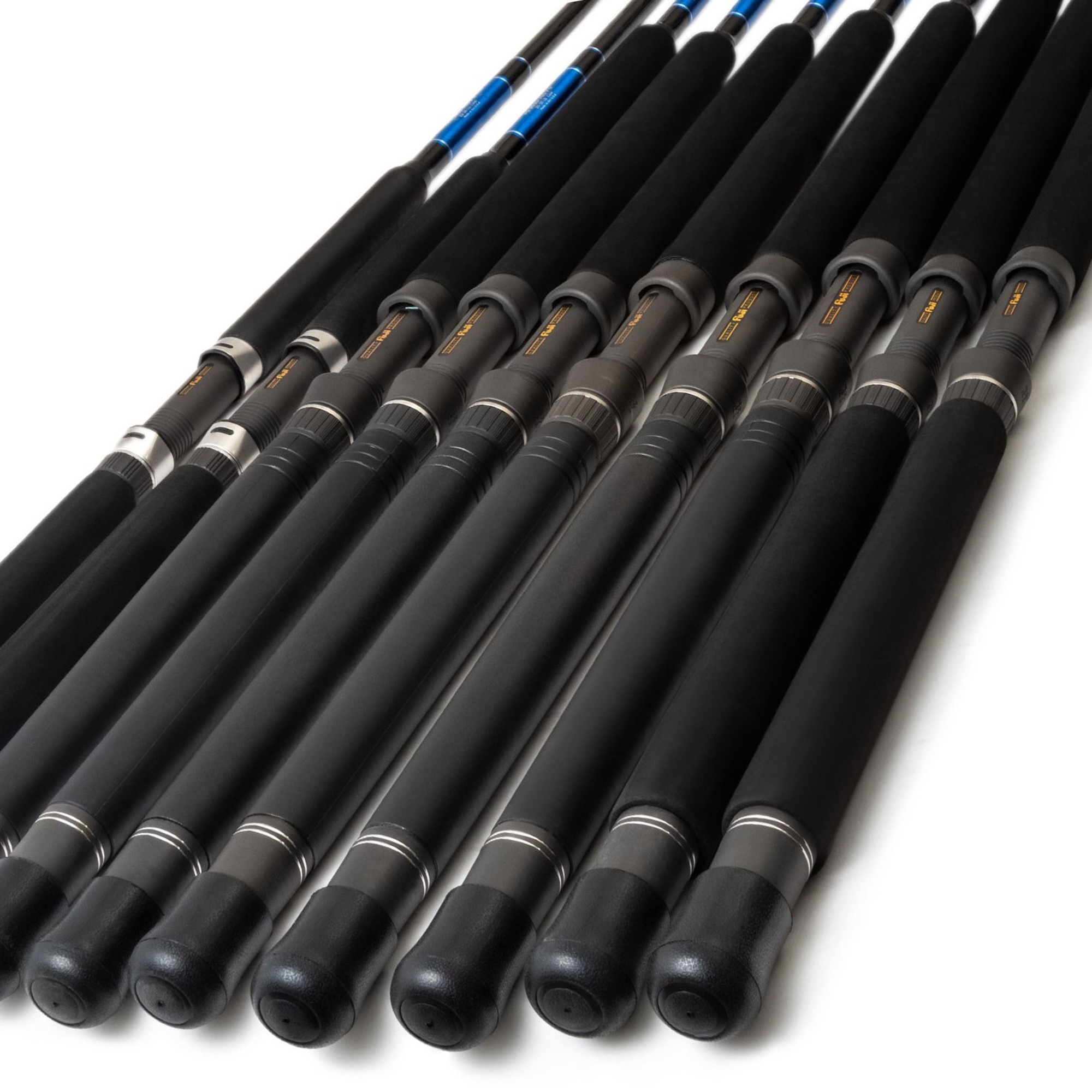 Multiple black-handled fishing rods with blue accents arranged in a row on a white background.