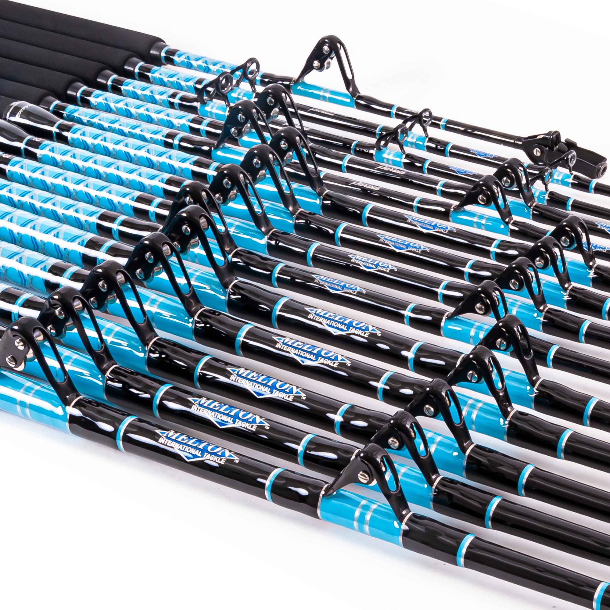 Dozens of matching blue and black Melton International Tackle rods laid out in rows, showing branded labels and heavy-duty guide wraps on a white background.