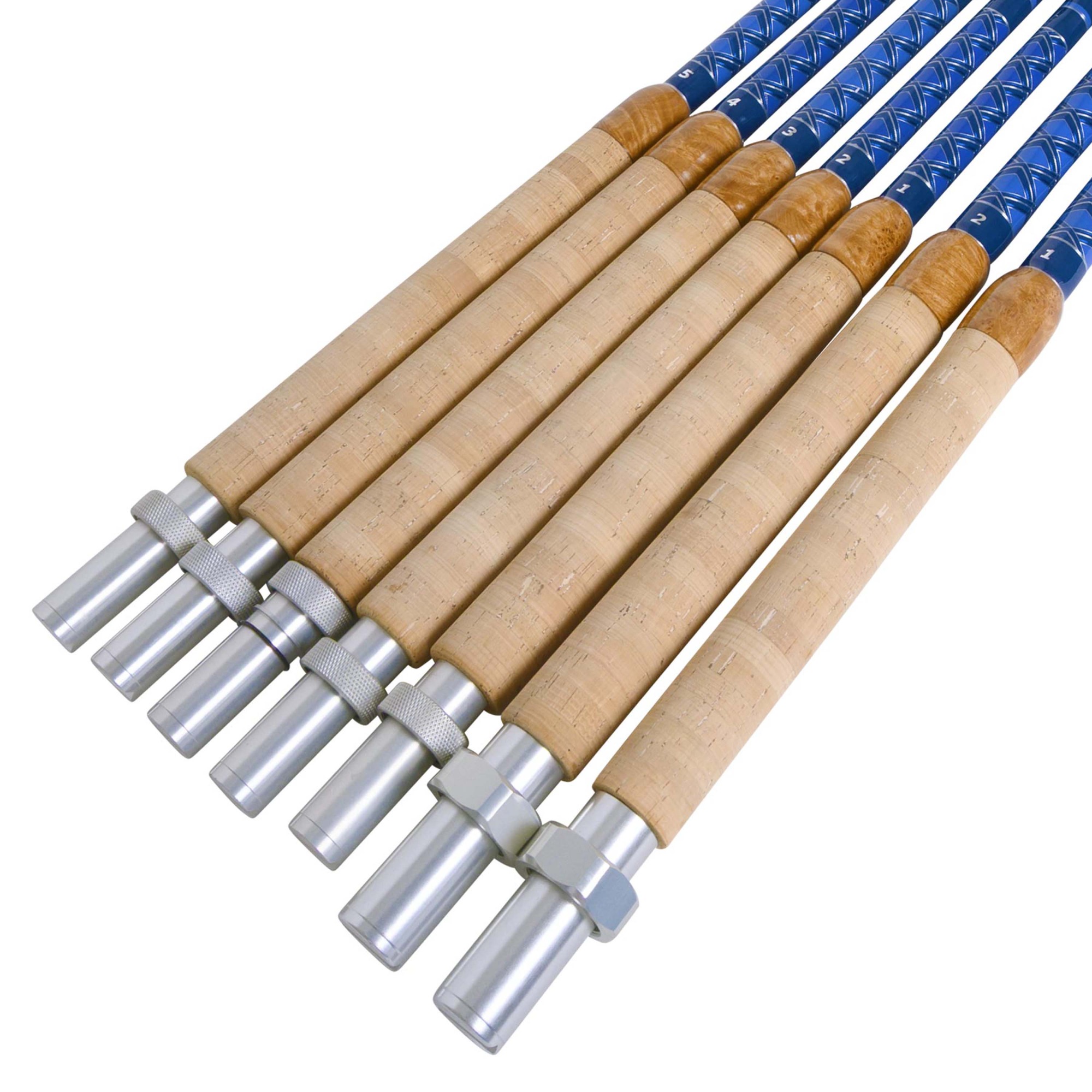 Group of custom fishing rods with natural cork handles, silver aluminum reel seats, and blue diamond thread wraps, neatly aligned on a white background.