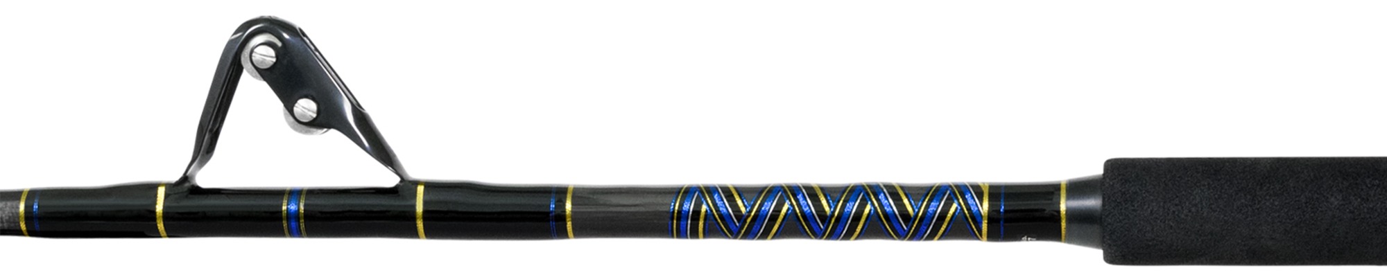 Close-up of a black Melton Tackle Kona Fishing Rod with gold and blue decorative thread wrapping and a black foam handle.