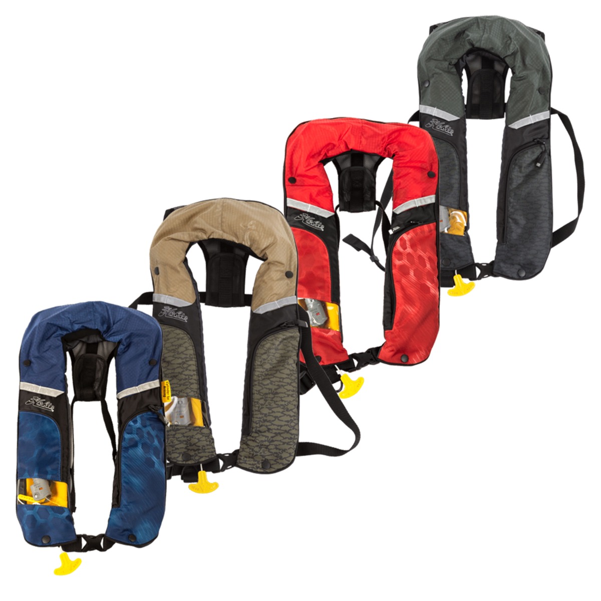 Four inflatable life vests in blue, tan, red, and dark green, each with reflective strips, black harness straps, and visible yellow pull tabs. “Hobie” branding appears on the upper left of each vest.