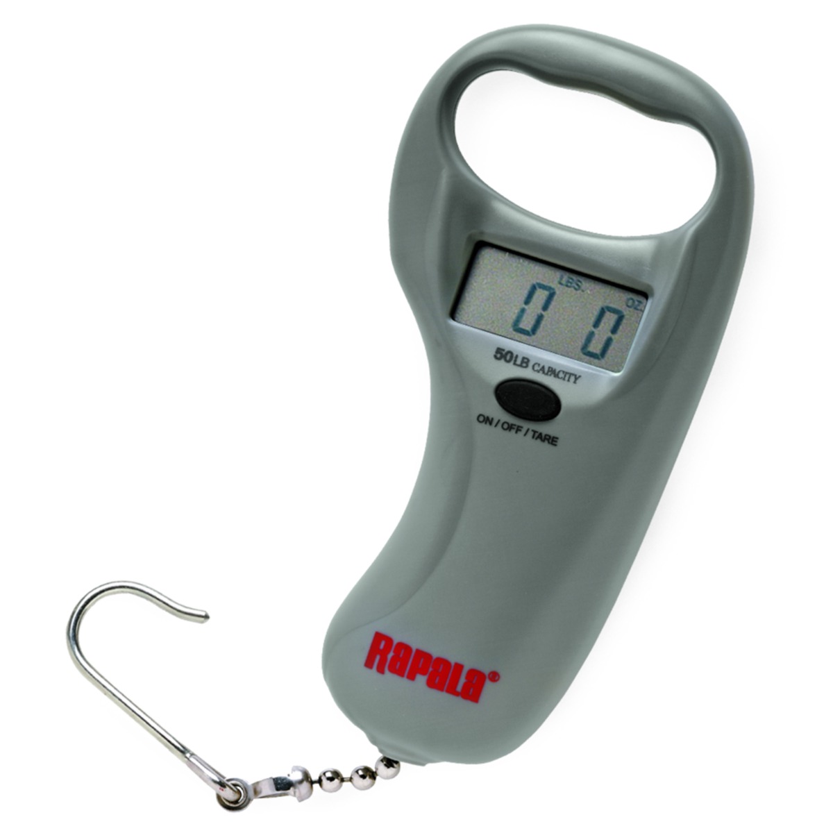 Gray digital handheld scale with “Rapala” logo in red. The product has a LCD screen displaying 0 LBS and 0 OZ, and metal hook to attach items to to weight them. “50LB CAPACITY” and “ON / OFF / TARE” printed below the button.