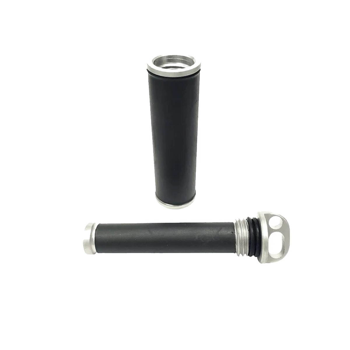 Black knot puller with silver color threaded ends, shown in two parts. One piece features a metal cap for grip and tensioning fishing knots during rigging.