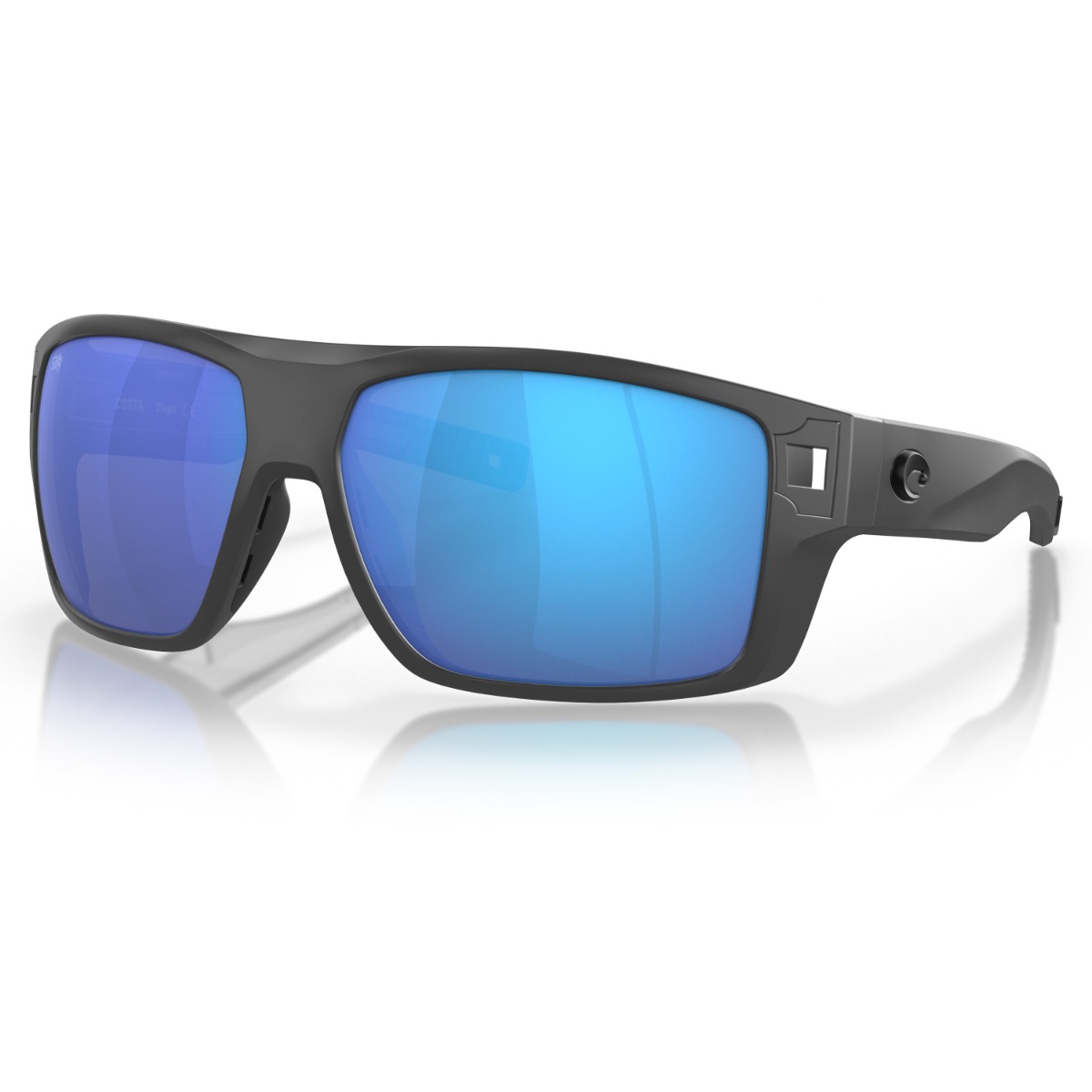 Costa Del Mar Diego Sunglasses. Matte black sunglasses with wide arms and mirrored blue lenses. Costa Del Mar raised logo on the temples.