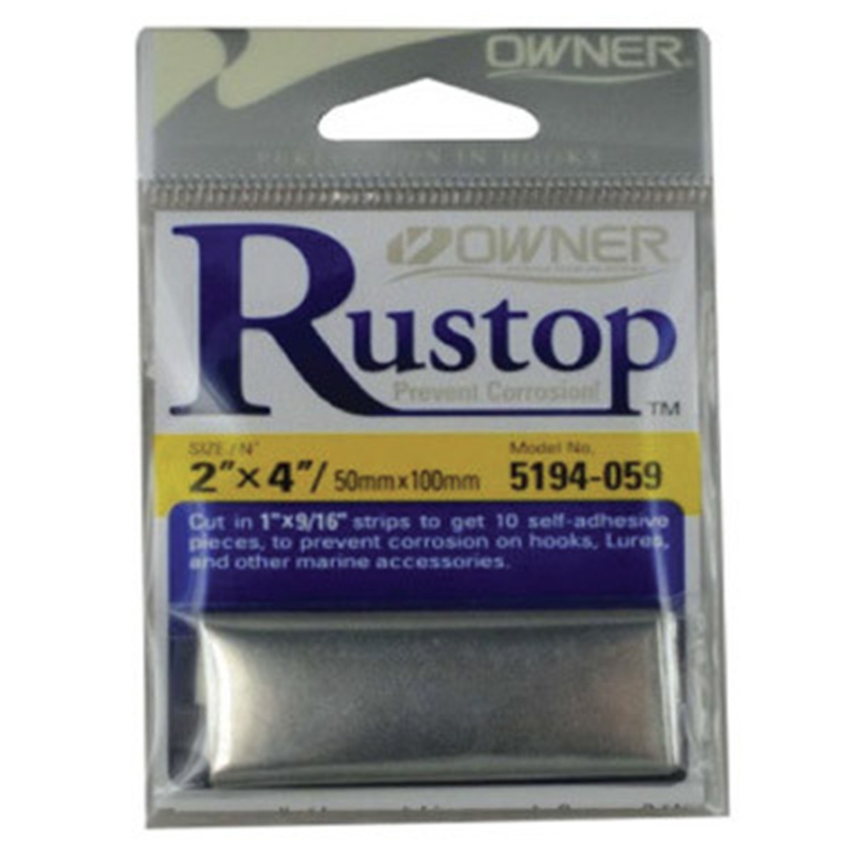 Package of Owner Rustop corrosion prevention strips, labeled “2'' x 4'' / 50mm x 100mm” and model number “5194-059.” Instructions mention cutting into adhesive strips for hooks and lures.