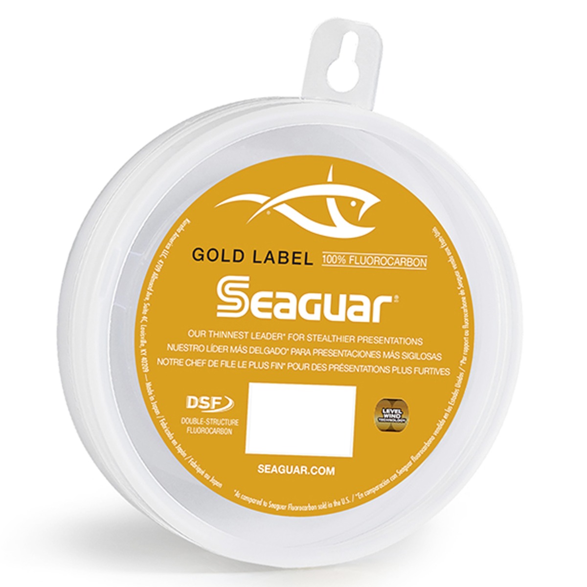 Round spool with gold label displaying “Seaguar” branding and fish logo, labeled “GOLD LABEL” and “100% FLUOROCARBON.” Text notes it is their thinnest leader. DSF icon and seaguar.com visible.
